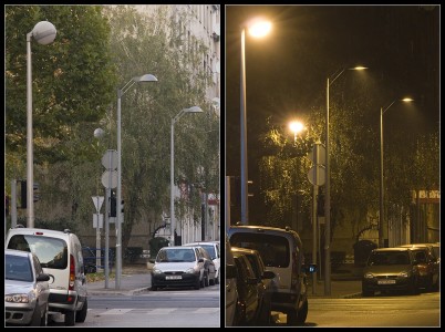 Ekološka i neekološka rasvjeta u Grahorovoj ulici u Zagrebu.